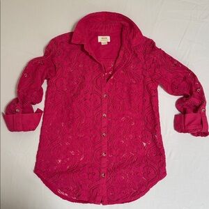 ANTHROPOLOGIE MAEVE Slim PINK BLOUSE LONG SLEEVES Cotton Lace 2 US, 6 UK, 34 EU